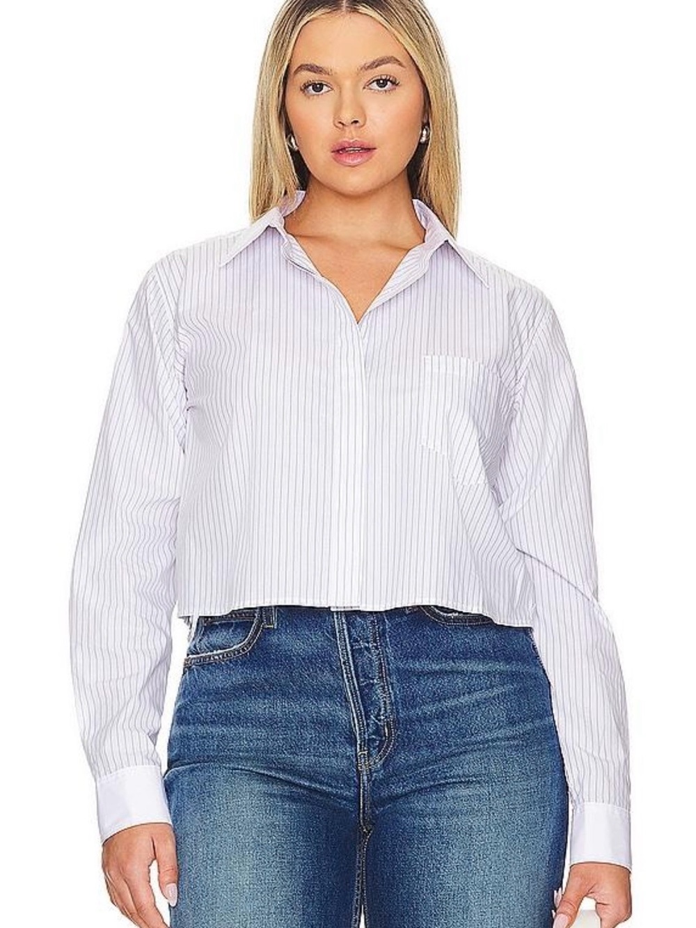 Good American Cropped Button-Down Shirt in Light Blue Stripe